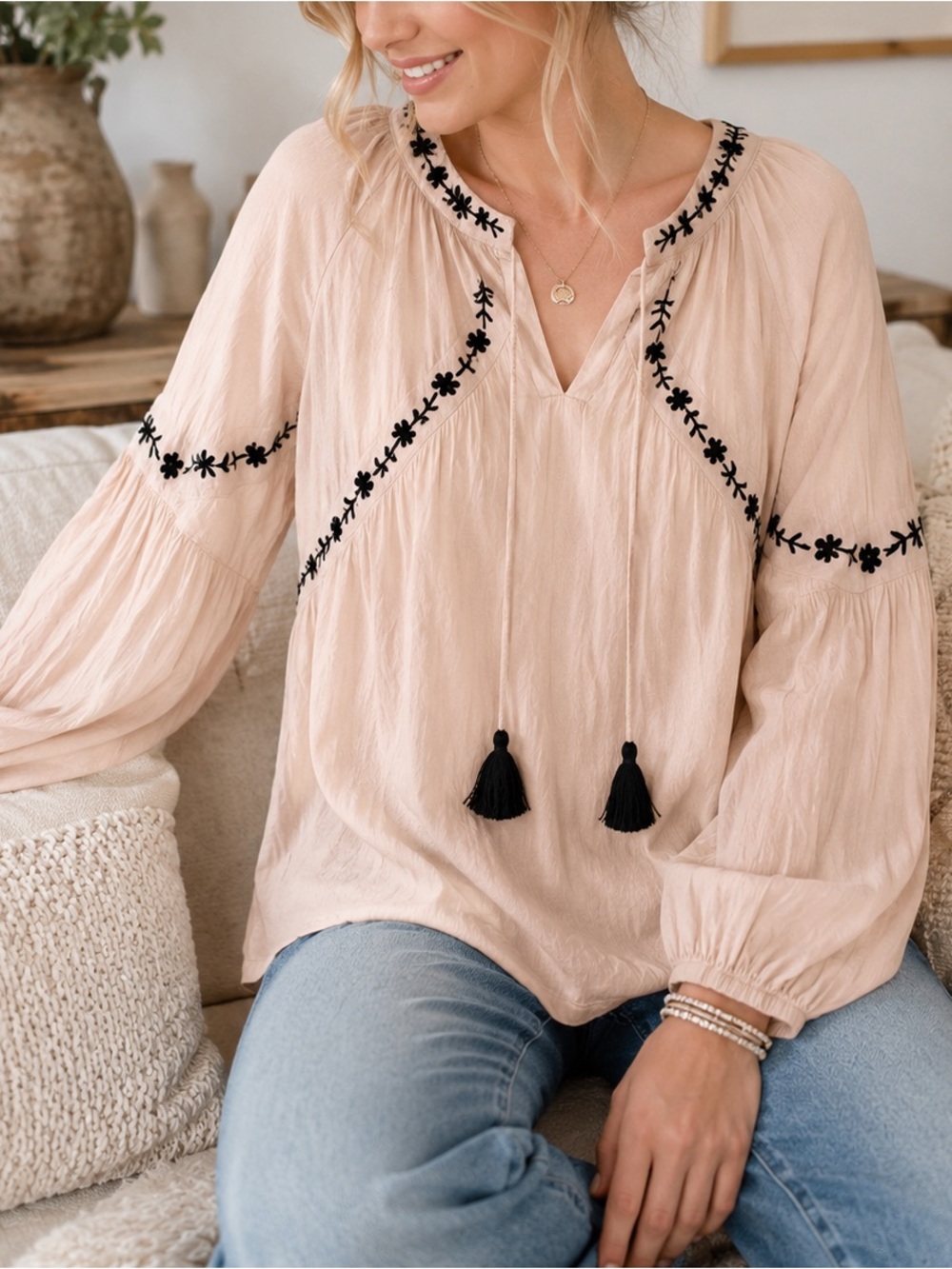 Knox Rose Beige Embroidered Boho Peasant Top Small Tassel Tie Rayon